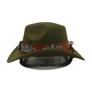 Detail of dark green felt fedora hat featuring an embroidered brown leather band and turquoise