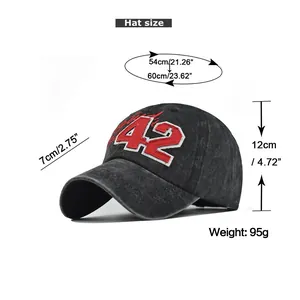 Size chart showing baseball cap dimensions including brim length and head circumference
