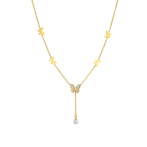 Elegant gold titanium necklace with butterfly pendants, pearl drop and mother of pearl inlay