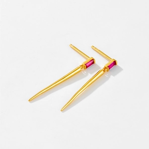 S925 silver earrings with long tapered cone pendants and rectangular red stones in gold