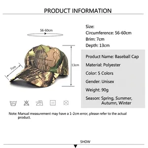 Guide des tailles de casquette de baseball camouflage avec motif feuilles et protection