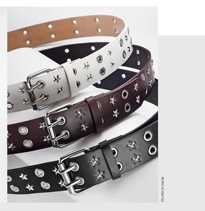 Three punk PU leather belts with metal stars, double eyelets and silver buckles