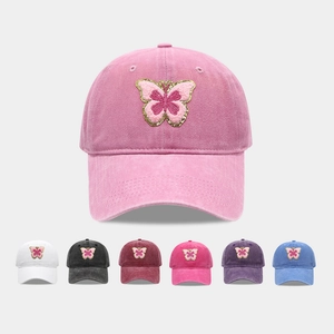 Butterfly Embroidery Washed Cotton Baseball Cap Vintage Distressed Sun Hat Women Outdoor Sports Adjustable Casual