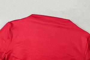 Close-up of the crew neck and smooth red fabric texture of this slim-fit dress