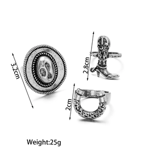 Set di 3 anelli vintage stile western argento con cappello da cowboy, stivale e ferro