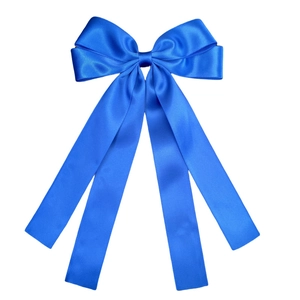 Detailed view of blue satin double-layered bow hair clip with elegant long ribbons