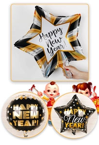 Détail de ballons Happy New Year en forme d'étoile et ronds en noir, or et argent