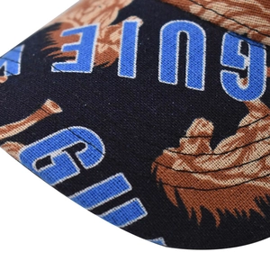 Détail du tissu en coton d'une casquette avec lettres bleues et imprimé lion
