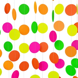 Close-up of colorful neon paper circle garlands for party background decoration