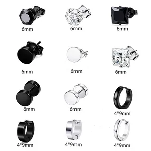 20 pairs of square cubic zirconia stud earrings in black and silver stainless steel