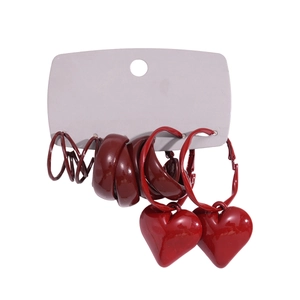 6-piece red enamel heart and geometric hoop earring set displayed on a product card