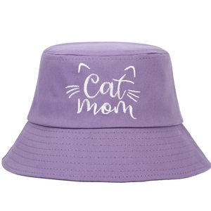 Purple cotton bucket hat with white Cat Mom embroidery and cat ear details for women
