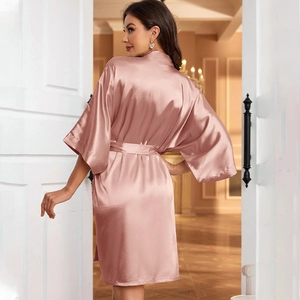 Elegant lotus pink satin bathrobe for women, stylish mid-length silk-like sleepwear robe