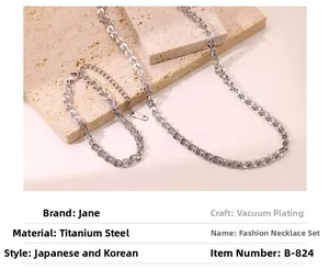 Detailed view of titanium steel chain necklace and bracelet set with vacuum plating finish