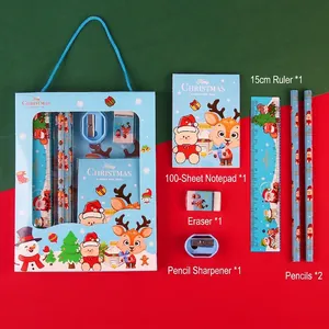 6-piece Christmas stationery set with reindeer motifs in a portable clear window gift box