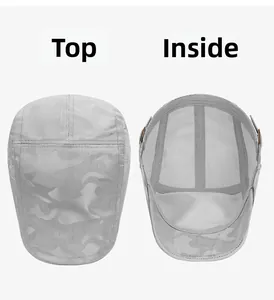 Detail view of camouflage flat cap showing breathable mesh interior and top fabric