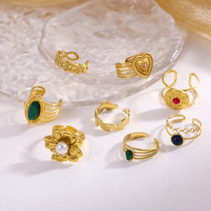 Elegant gold-plated open rings with flower pearls and colorful gemstone accents