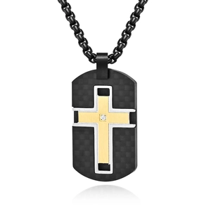 Men's carbon fiber cross necklace with gold pendant and polished stone on black chain