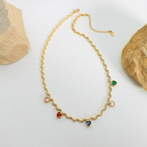 Golden twisted chain necklace featuring five colorful heart-shaped zircon pendants
