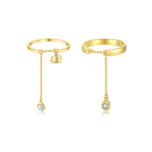 S925 sterling silver chain ring set in gold with blue gemstone and fish charm