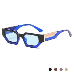 Retro square fashion sunglasses with blue lenses and two-tone geometric frames