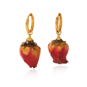 Detail of red rose bud earrings with gold circular hoops on a clean white background
