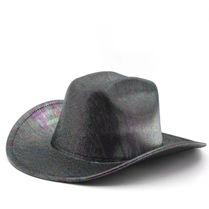 Detail of western cowboy hat with holographic reflective texture and wide brim in dark grey