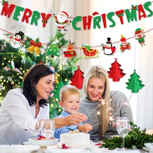 Festive Merry Christmas banner with glitter 3D trees and holiday character hanging decor