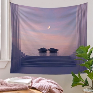 Detail of a purple dreamscape wall tapestry featuring a moonlit sea and steps