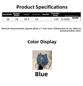 Detailed dimension guide for the blue denim quilted bucket bag with crossbody strap