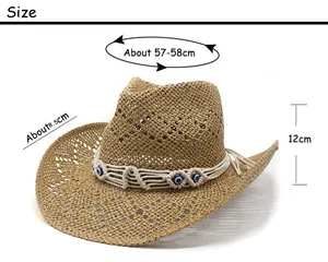 Size chart for woven cowboy straw hat showing 58cm circumference and 8.5cm brim width