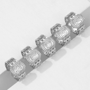 Adjustable silver stainless steel letter rings with embossed texture, letters K L O N M