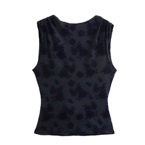 Top senza maniche da donna con floccaggio floreale scuro in stile velluto elegante