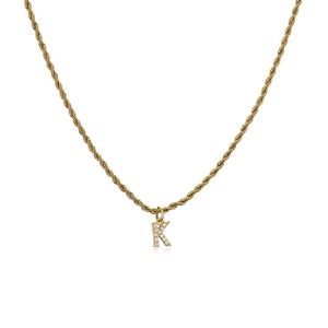 18K gold plated rope chain necklace with a crystal-encrusted letter K pendant charm