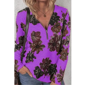 Paarse damestop met lange mouwen, bruine bloemenprint en V-hals met metalen ritssluiting
