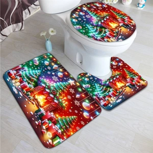 Christmas themed bathroom set with rug, toilet lid cover and U-shape mat on floor
