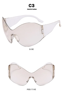 Futuristic rimless butterfly sunglasses in light brown and transparent side views