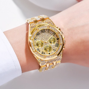 Luxury gold-tone octagonal watch with full diamond setting and roman numeral dial
