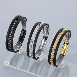 Men Woven Leather Bracelet With Stainless Steel Chain Magnetic Clasp Industrial Fashion Jewelry Accessories