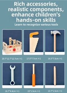 Vue détaillée des accessoires d'outils de réparation en bois avec mesures de taille