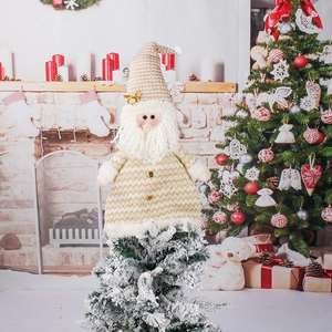 Christmas Tree Topper Ornament Santa Claus Snowman Knitted Fabric Sparkling Gold White Holiday Festive Decor Figurine