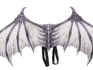 Detail of white biomechanical demon bone wings with elastic straps for Halloween costume