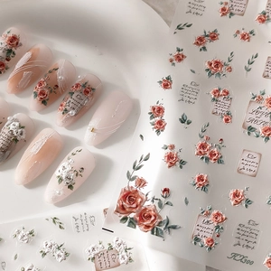 3D embossed rose and script nail stickers KX300 set with floral nail art demonstration