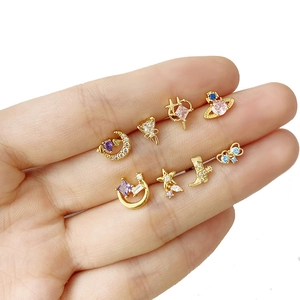 Golden stud earring set with colorful cubic zirconia in moon star and heart shapes