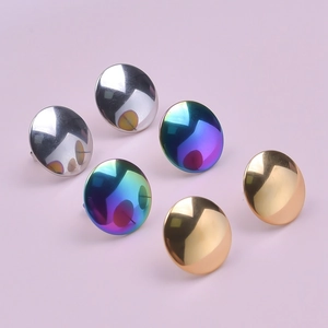 Polished stainless steel round geometric stud earrings in silver, gold, and rainbow finish
