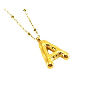 Golden 18K stainless steel balloon letter A necklace with beaded chain on white background