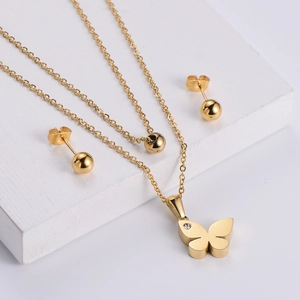 Butterfly Pendant Double Layer Necklace And Ball Stud Earrings Jewelry 316 Titanium Steel Rhinestone Women Minimalist