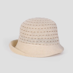 Women Linen Knit Bucket Hat Foldable Breathable Sun Protection Japanese Style Roll Up Brim Dot Stripe Basin Hat