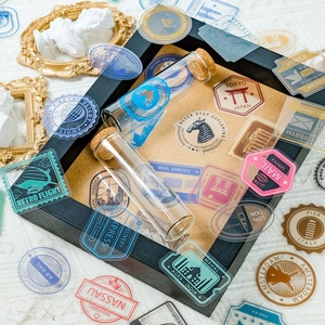 50 vintage travel stamps and waterproof PET stickers with glass tube for scrapbooking