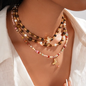 18K gold plated multi-layer beaded necklace with tiger eye stone and bow pendant
